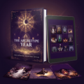 The Archetype Year hardcover guide standing beside a tablet showing the twelve archetype cards, with three printed cards fanned in front