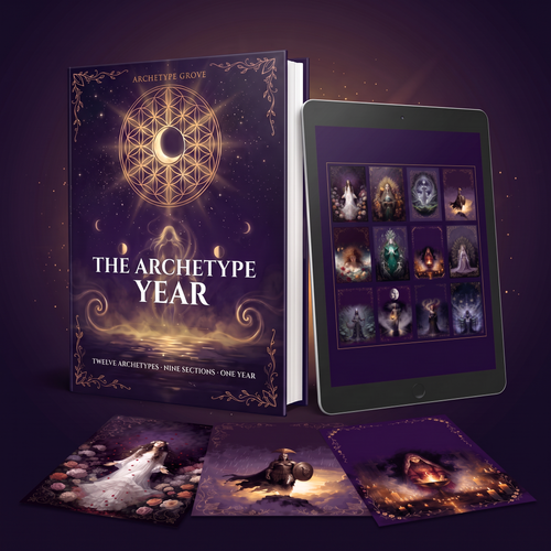 The Archetype Year hardcover guide standing beside a tablet showing the twelve archetype cards, with three printed cards fanned in front