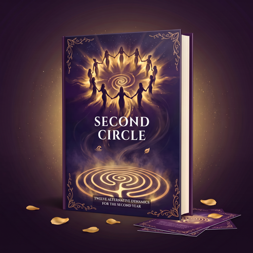 Second Circle hardcover guide standing on a dark surface with gold petals and two printed cards